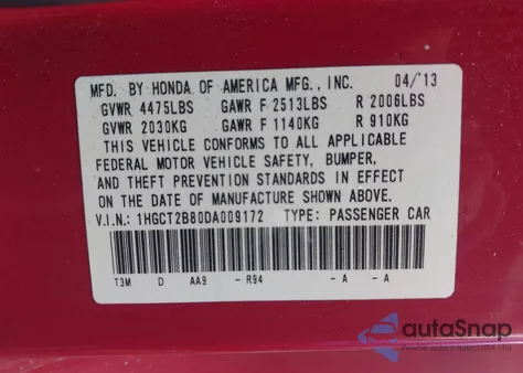 2013 Honda Accord Ex-L V-6 z USA, uszkodzony, nr VIN 1HGCT2B80DA009172